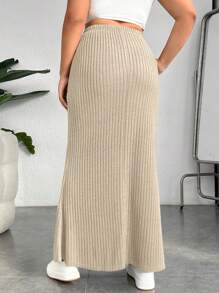 SHEIN EZwear Hơn Tách đùi Đồ đan Ribbed Váy - Màu be - Xem 2