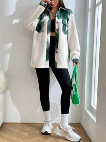 Muchica 格紋印花落肩翻蓋口袋泰迪熊大衣 - 彩色 - 查看 5