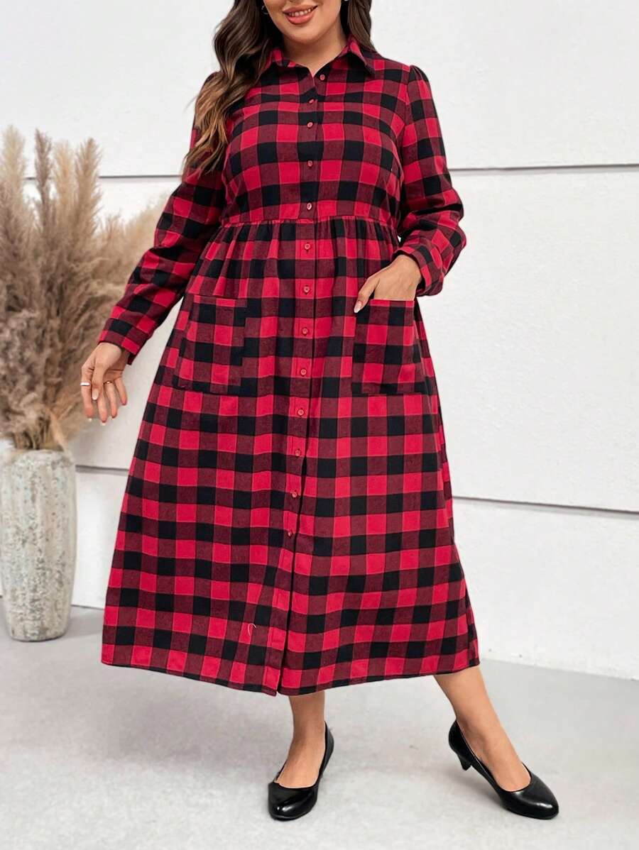 EMERY ROSE Cộng với váy vá túi in họa tiết Gingham - Đỏ - Xem 1