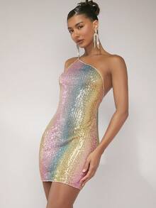 SHEIN BAE Christmas Ombre Sequin One Shoulder Backless Bodycon Dress - Multicolor - View 3