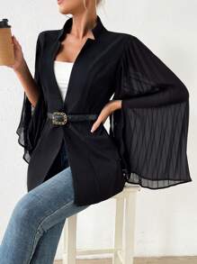 SHEIN LUNE Pleated Cloak Sleeve Open Front Blazer Without Belt - Black - View 5