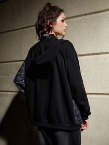 Batman X ROMWE 卡通圖案拉鏈開襟抽繩連帽衫 - 黑色 - 查看 2