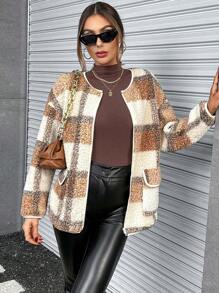 SHEIN Essnce Plaid Print Drop Shoulder Teddy Coat - Multicolor - View 5