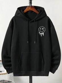 Men Plus Expression Print Kangaroo Pocket Drawstring Thermal Lined Hoodie - Black - View 1