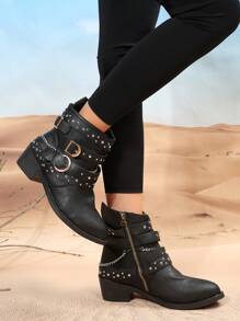Botas de moda con detalle de remaches y cadena de tacón medio para mujer con estilo punk - Negro - Ver 4