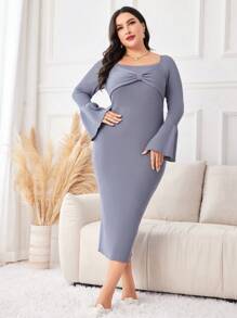Modelyn Plus Solid Flounce Sleeve Sweater Bodycon Dress - Blue - View 1