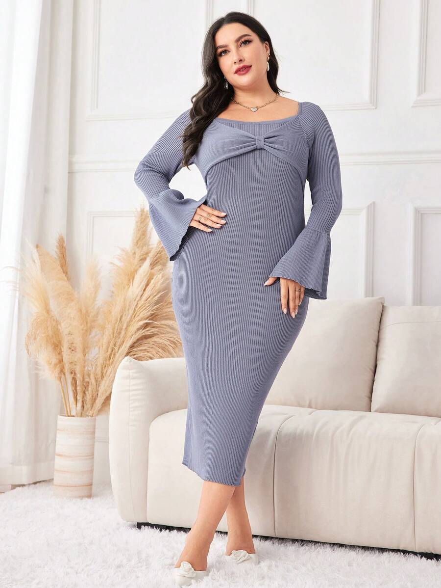 Modelyn Plus Solid Flounce Sleeve Sweater Bodycon Dress - Blue - View 1