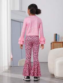 女大童字母人物圖案喇叭袖T恤和豹紋喇叭褲 - 彩色 - 查看 2