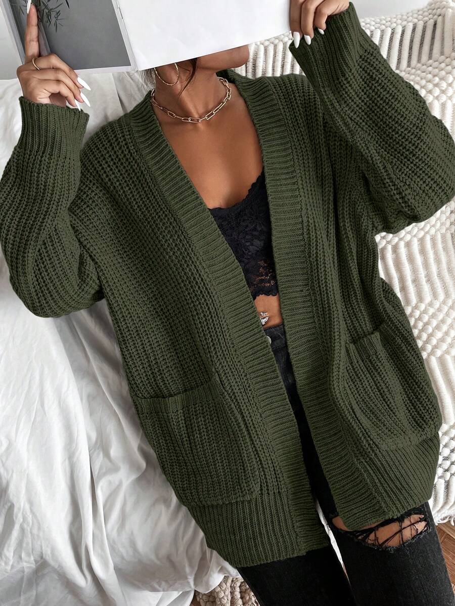 EMERY ROSE Solid Dual Pockets Ribbed Knit Drop Shoulder Cardigan,Long Sleeve Tops Fall Winter Cloth For Women - Green - View 1