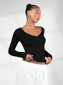 SHEIN BASICS 素色V領T恤 - 黑色 - 查看 8