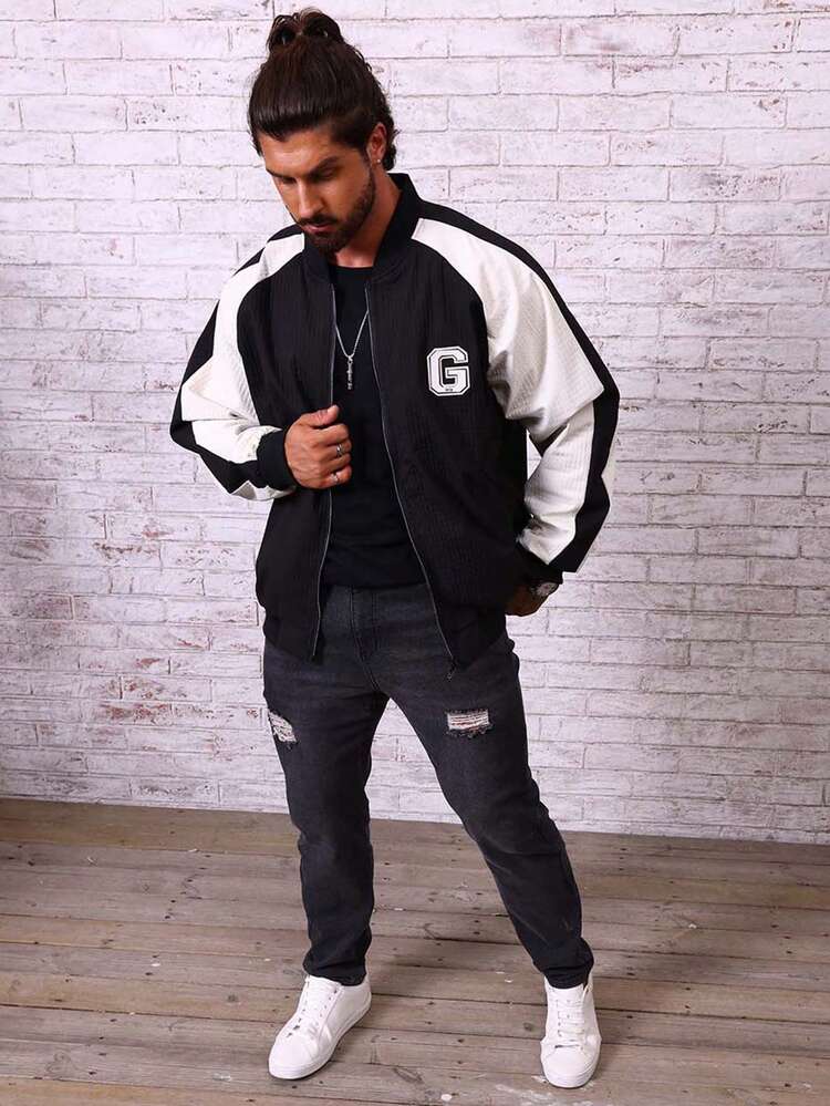 Loose Fit Men's Colorblock Bomber Jacket With Letter Patched Detail And Raglan Sleeves