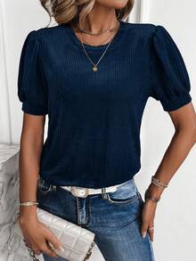 SHEIN LUNE 純色泡泡袖T恤 - 寶藍色 - 查看 3