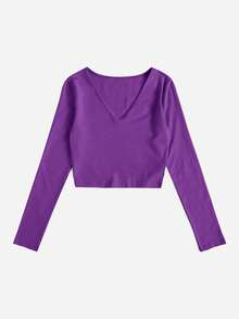 SHEIN EZwear Cổ chữ V Chất rắn Áo phông Crop - Màu tím - Xem 3