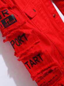 Manfinity Homme 男士长袖棉质标语印花翻盖口袋牛仔夹克（不含T恤），秋季款 - 紅色 - 查看 3