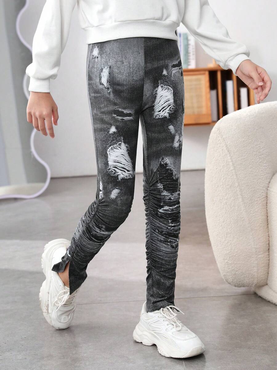 少女水染褶皺分裂裤 - 灰色 - 查看 1