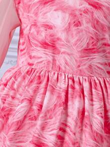 女嬰隨機印花撞色網眼袖洋裝 - 西瓜粉 - 查看 4