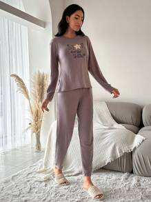 SHEIN Cottnline Slogan Graphic Ribbed Knit Lounge Set - Brown - View 4