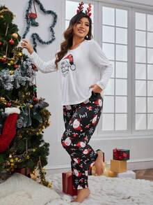 Talla grande Conjunto de pijama pantalones con camiseta con estampado de Navidad - Multicolor - Ver 6