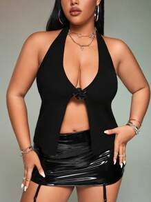 SHEIN ICON Plus Butterfly Appliques Backless Halter Knit Top - Black - View 1