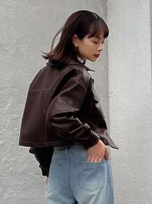 FRIFUL Flap Pocket Drop Shoulder PU Jacket,Fall Women Clothes - Coffee Brown - View 3