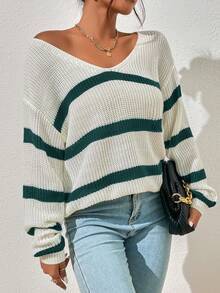 SHEIN Essnce Jersey de rayas de hombros caídos escote V - Verde Oscuro - Ver 6