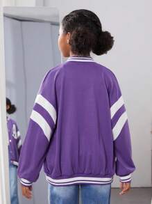 Tween Girl Letter Patched Striped Trim Drop Shoulder Varsity Jacket - Multicolor - View 2