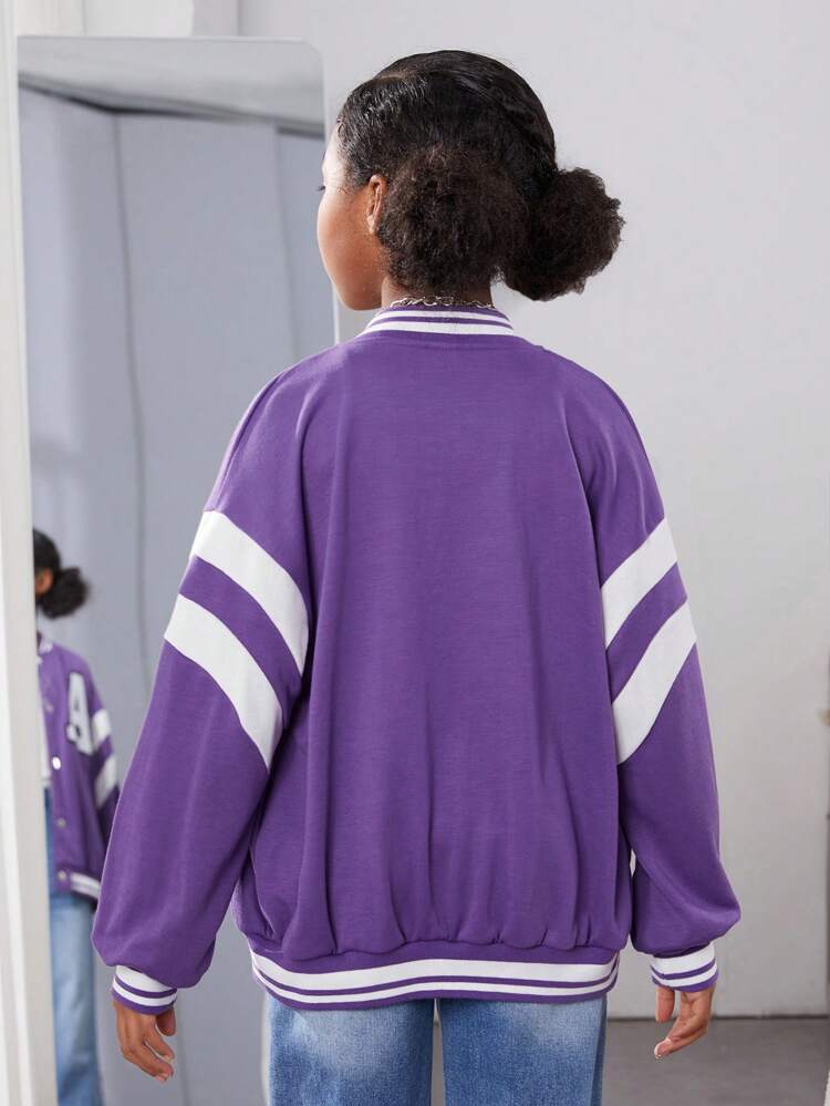 Tween Girl Letter Patched Striped Trim Drop Shoulder Varsity Jacket