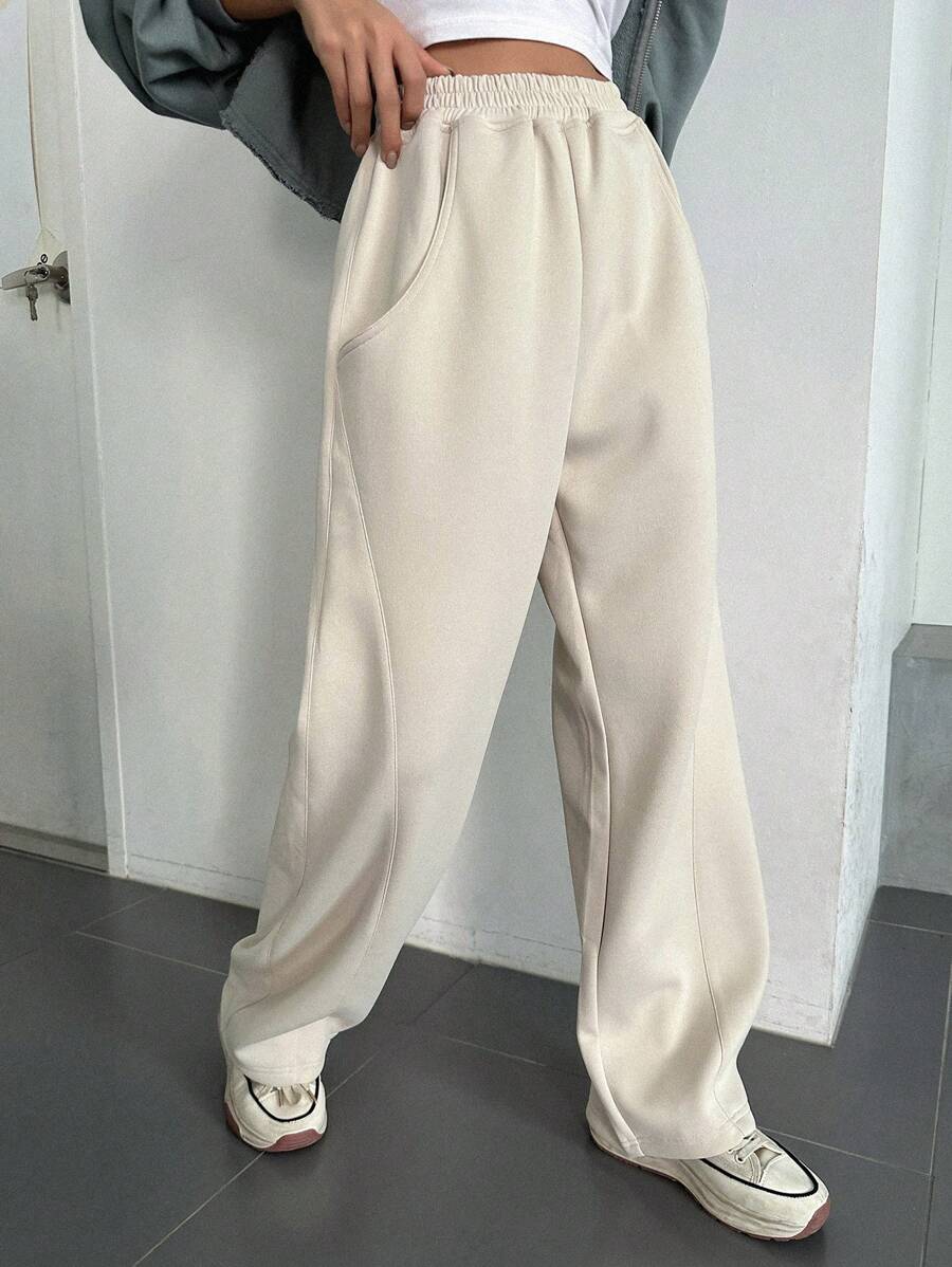 DAZY 纯色斜口袋阔腿运动裤，女式秋季慢跑裤 - 杏色 - 查看 1