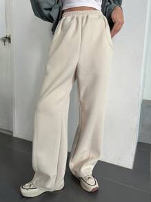 DAZY 纯色斜口袋阔腿运动裤，女式秋季慢跑裤 - 杏色 - 查看 6