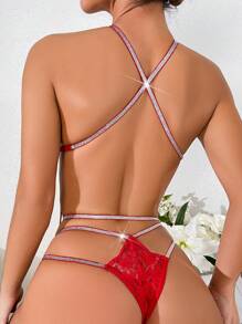 SHEIN Floral Lace Cut Out Halter Teddy Bodysuit Lingerie Bridal Lingerie For Rave - Red - View 2