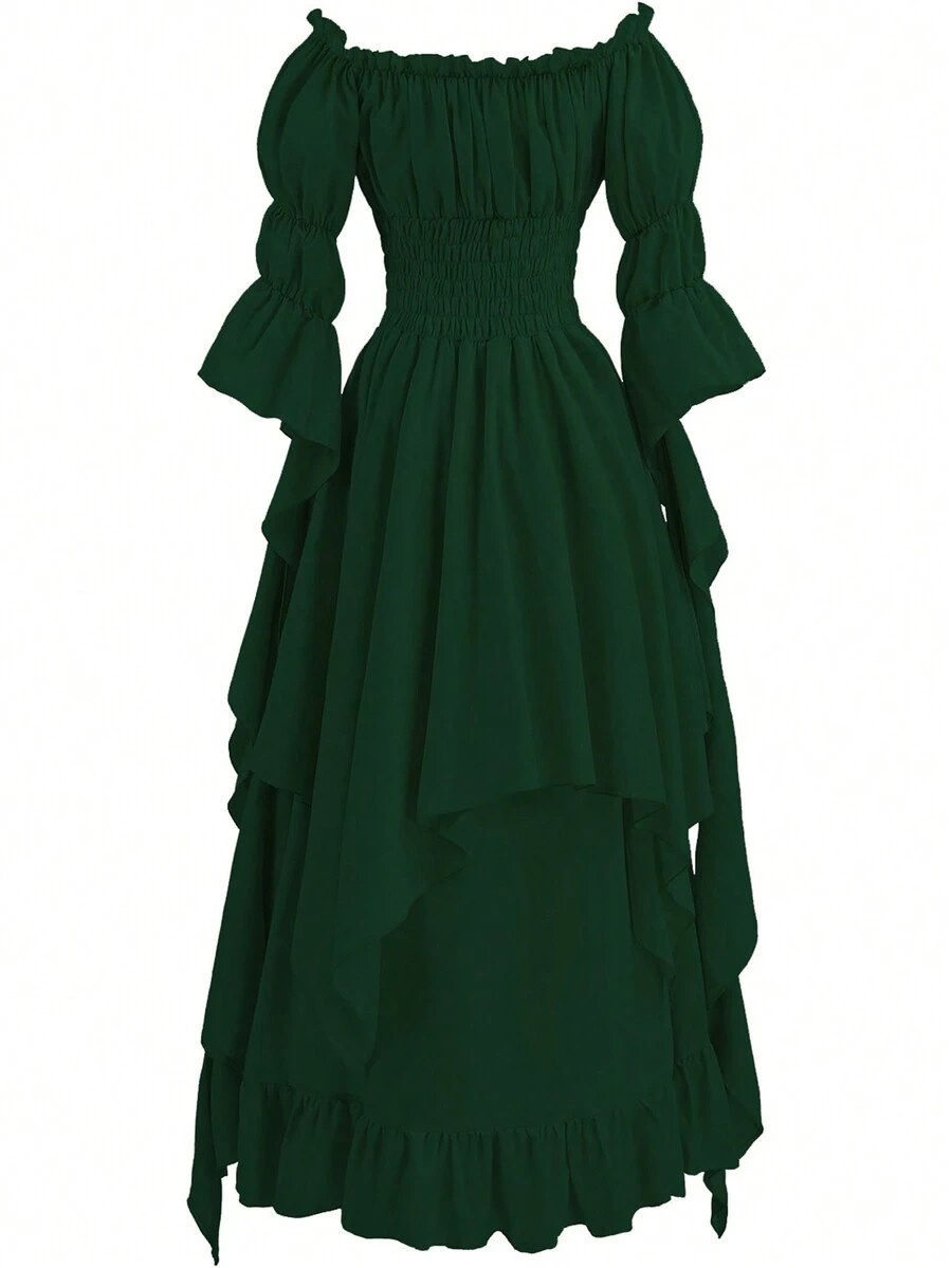 Vestido elegante de estilo medieval para mujer con hombros descubiertos, mangas acampanadas, cintura fruncida y largo hasta los tobillos eunicolordo - Verde Oscuro - Ver 1