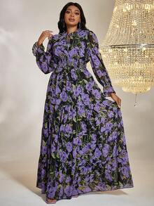 Plus Floral Print Flounce Sleeve Ruffle Hem Dress - Purple - View 4