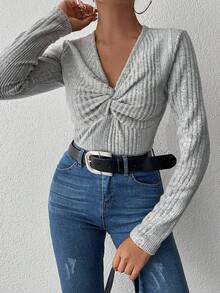 EURMUSE 前扭結條紋針織T恤 - 灰色 - 查看 5