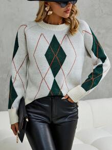 SHEIN LUNE Argyle Pattern Raglan Sleeve Sweater Knit Pullover Fall Winter Outfit - White - View 1