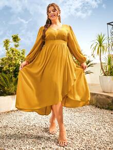 S BETRO Plus Bishop Sleeve Wrap Hem Dress - Yellow - View 6