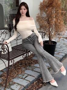 DAZY 纯色露肩修身T恤，秋季服装长袖女式上衣 - 米色 - 查看 7