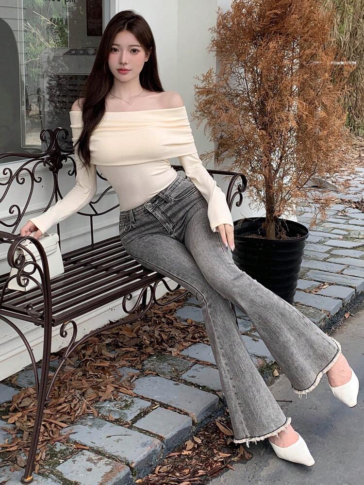 Solid Off Shoulder Slim Tee,Fall Clothes Long Sleeve Women Tops