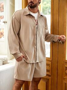 Manfinity Homme 寬鬆的男士口袋拼接襯衫和短褲套裝（t恤不包括） - 卡其色 - 查看 6