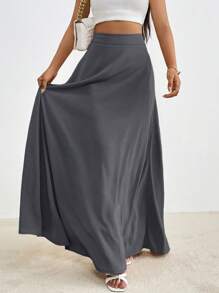 Firerie Solid High Waist Maxi Skirt - Grey - View 3
