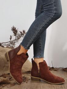 女士時尚棕色低跟短靴帶側拉鍊設計和尖頭 - 棕色 - 查看 3