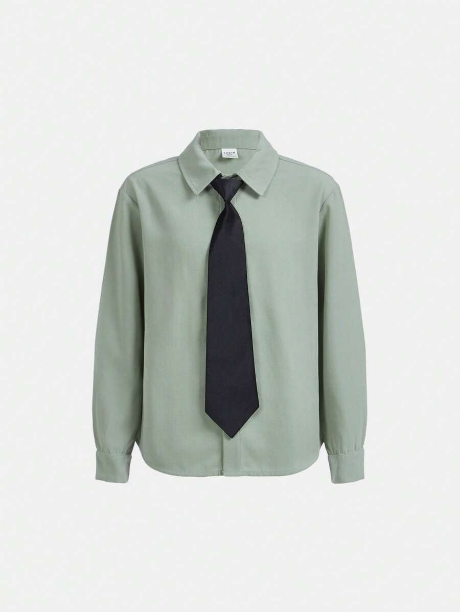 SHEIN Tween Boy Solid Button Front Shirt With Tie - Mint Green - View 1