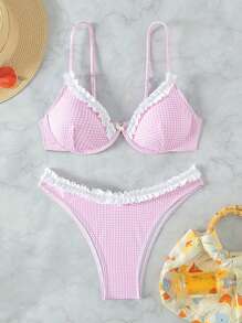 Swim Mod Summer Beach Gingham Frill Trim Underwire Bikini Set - Pink - View 4