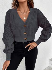 SHEIN Frenchy 麻花編織落肩袖前紐扣開襟衫 - 深灰色 - 查看 3