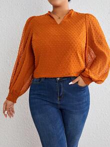 SHEIN Privé Plus Swiss Dot Lantern Sleeve Blouse - Brown - View 3