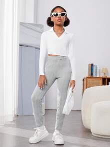 女大童素色高腰緊身打底褲 - 淺灰色 - 查看 6