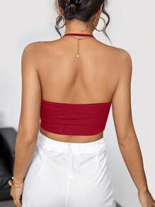 Firerie 前垂褶露背掛脖上衣 - 酒紅色 - 查看 2