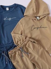 SHEIN Leap Crew Young Boy 2sets Letter Graphic Hoodie & Drawstring Waist Sweatpants - Multicolor - View 4