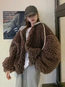 DAZY Abrigo teddy extragrande con hombros caídos - Marrón - Ver 1