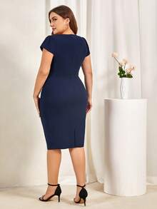 CurvySweet Cộng với đầm bodycon viền ren trơn - Màu xanh hải quân - Xem 2