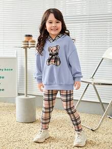 SHEIN Young Girl Bear Print Drop Shoulder Hoodie & Plaid Leggings - Blue - View 5